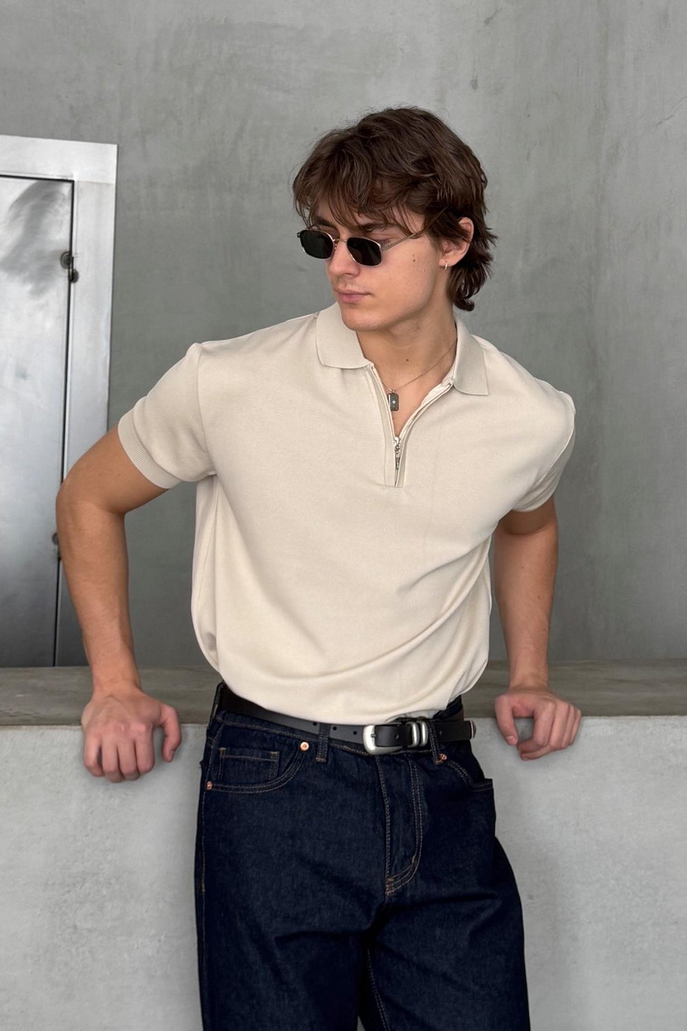 Erkek Oversize Fermuarlı Polo Yaka Triko T-Shirt Bej