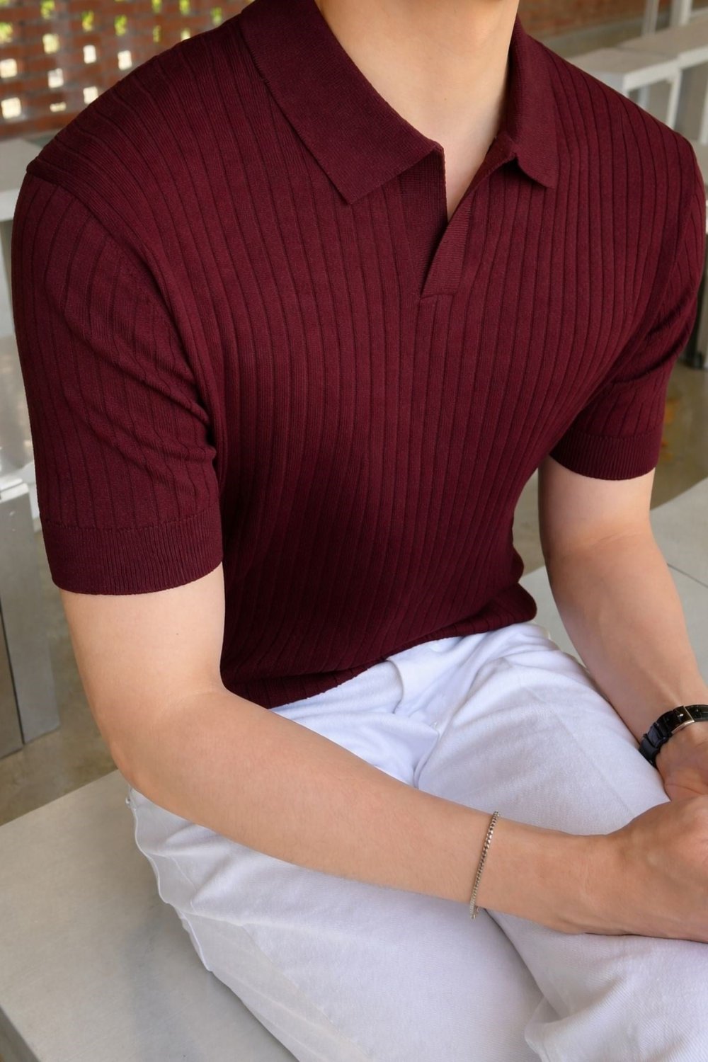 Erkek Oversize Fitilli Polo Yaka İnce Triko T-shirt Bordo