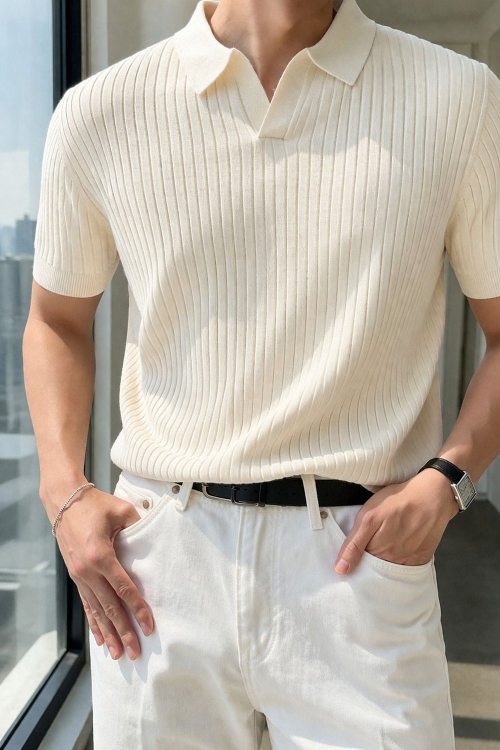 Erkek Oversize Fitilli Polo Yaka İnce Triko T-shirt Bej