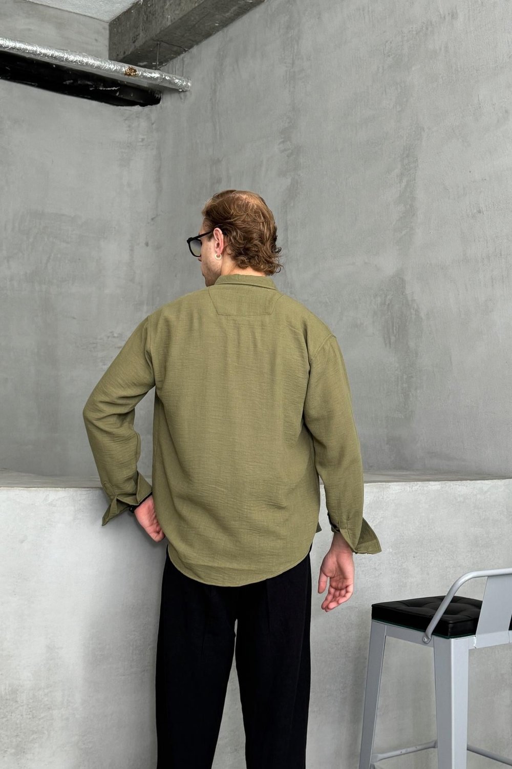 Erkek Oversize Kesim Keten Görünümlü Gömlek HAKİ