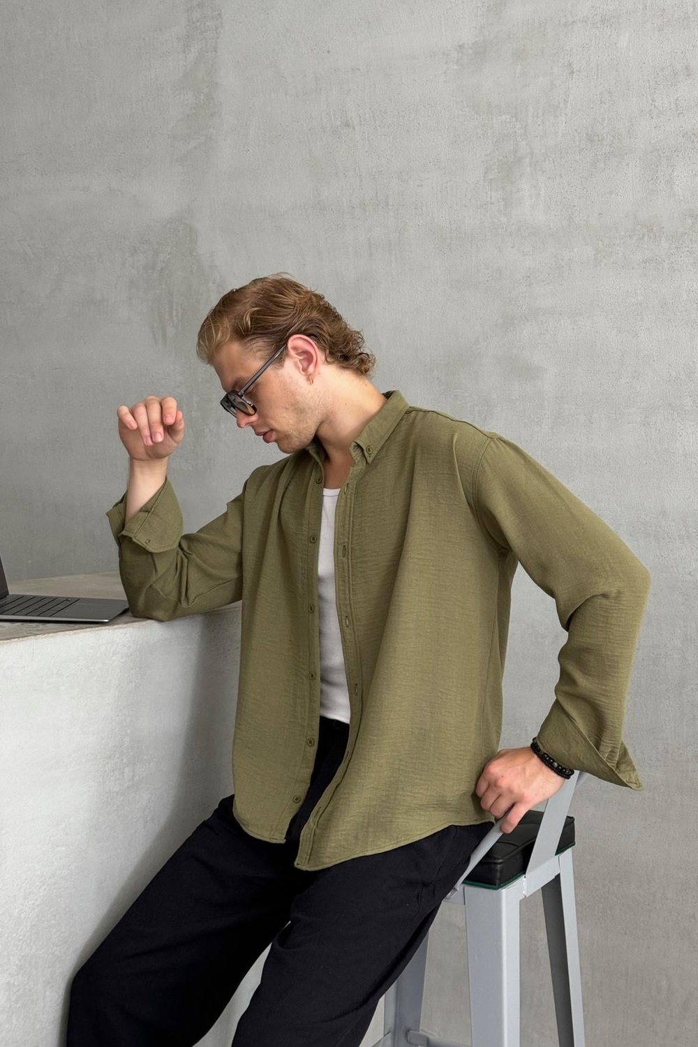 Erkek Oversize Kesim Keten Görünümlü Gömlek HAKİ