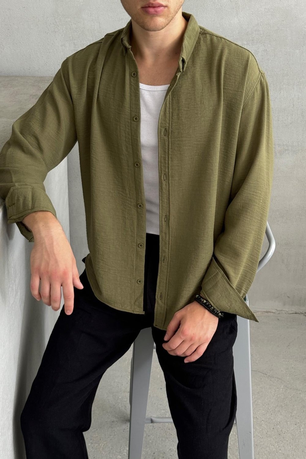 Erkek Oversize Kesim Keten Görünümlü Gömlek HAKİ