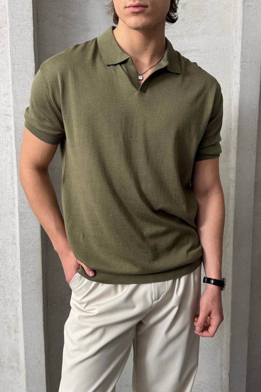 Erkek Oversize Pamuklu Polo Yaka Triko T-Shirt Yeşil
