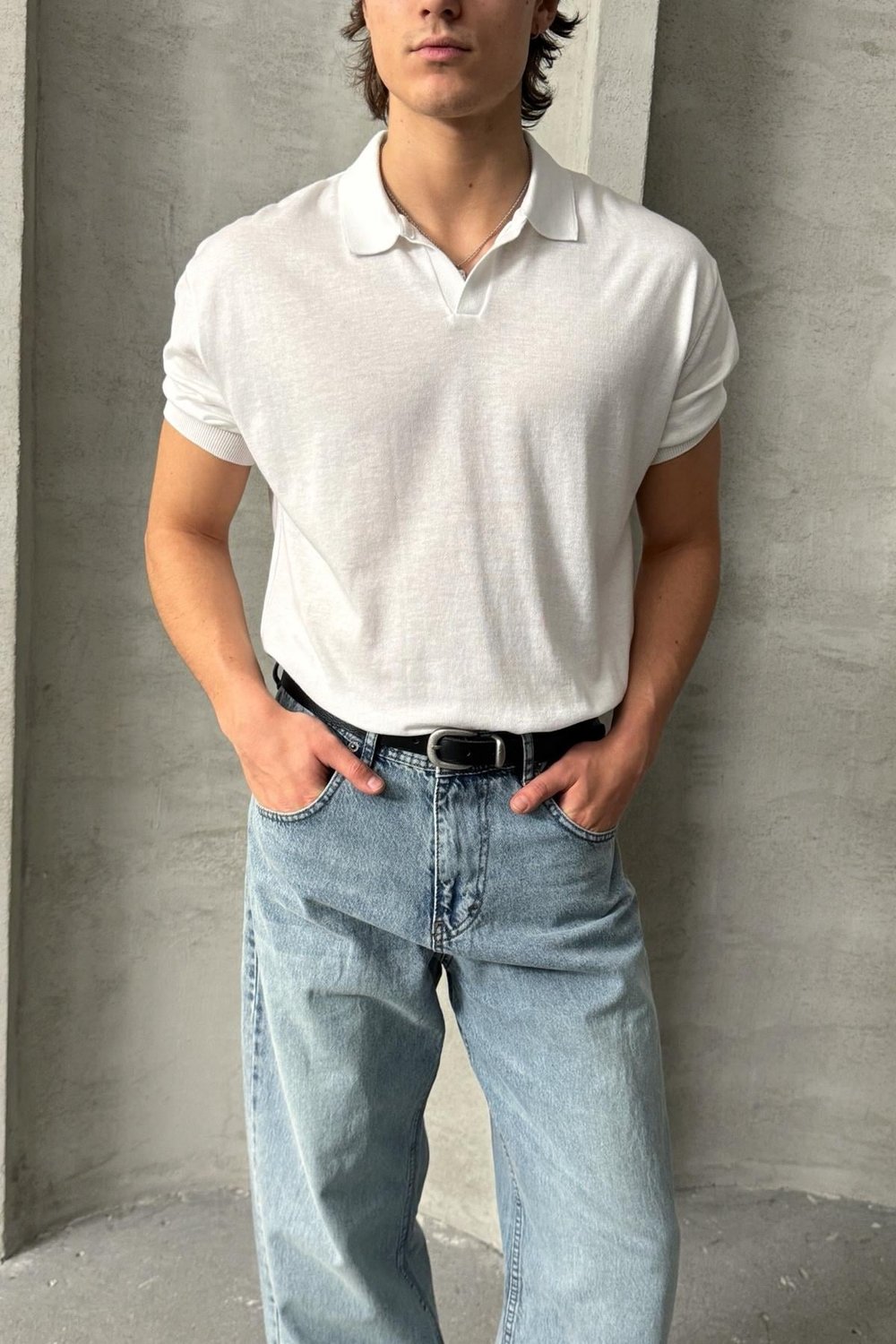 Erkek Oversize Pamuklu Polo Yaka Triko T-Shirt Beyaz
