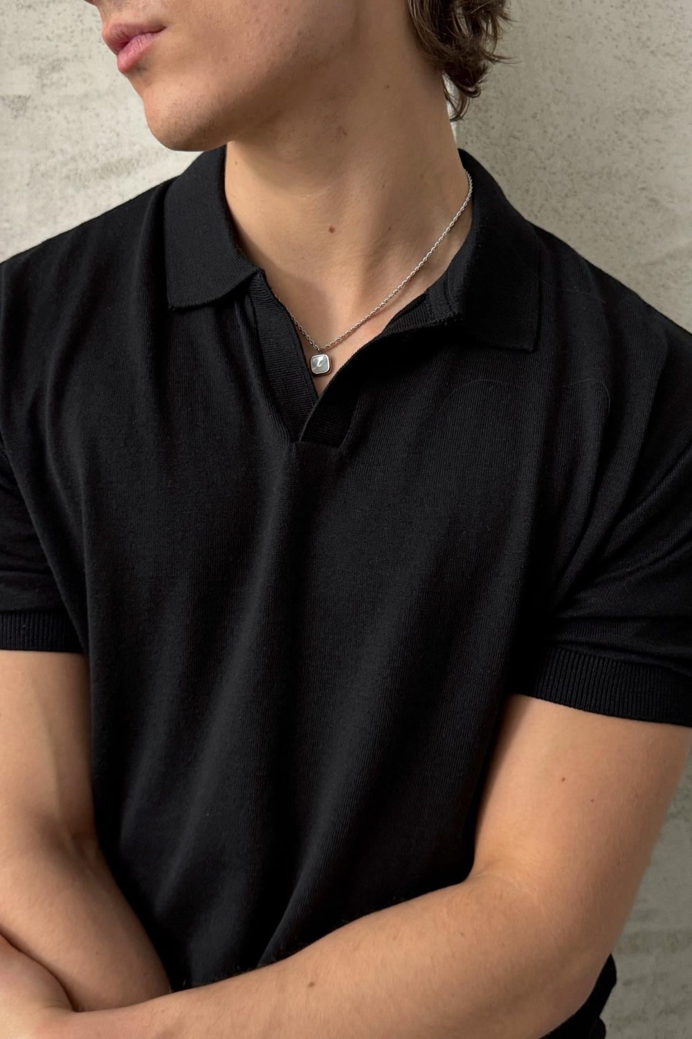 Erkek Oversize Pamuklu Polo Yaka Triko T-Shirt Siyah
