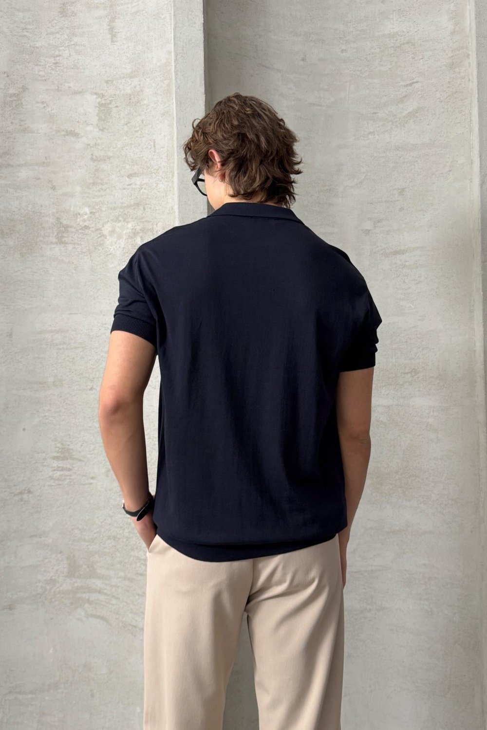 Erkek Oversize Pamuklu Polo Yaka Triko T-Shirt Lacivert