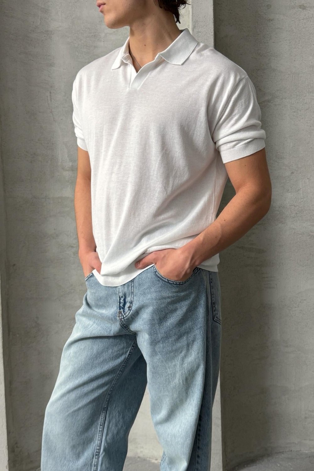 Erkek Oversize Pamuklu Polo Yaka Triko T-Shirt Beyaz