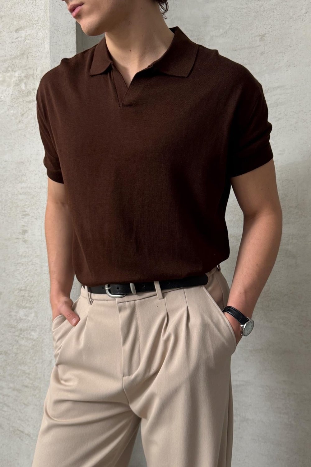 Erkek Oversize Pamuklu Polo Yaka Triko T-Shirt Kahverengi