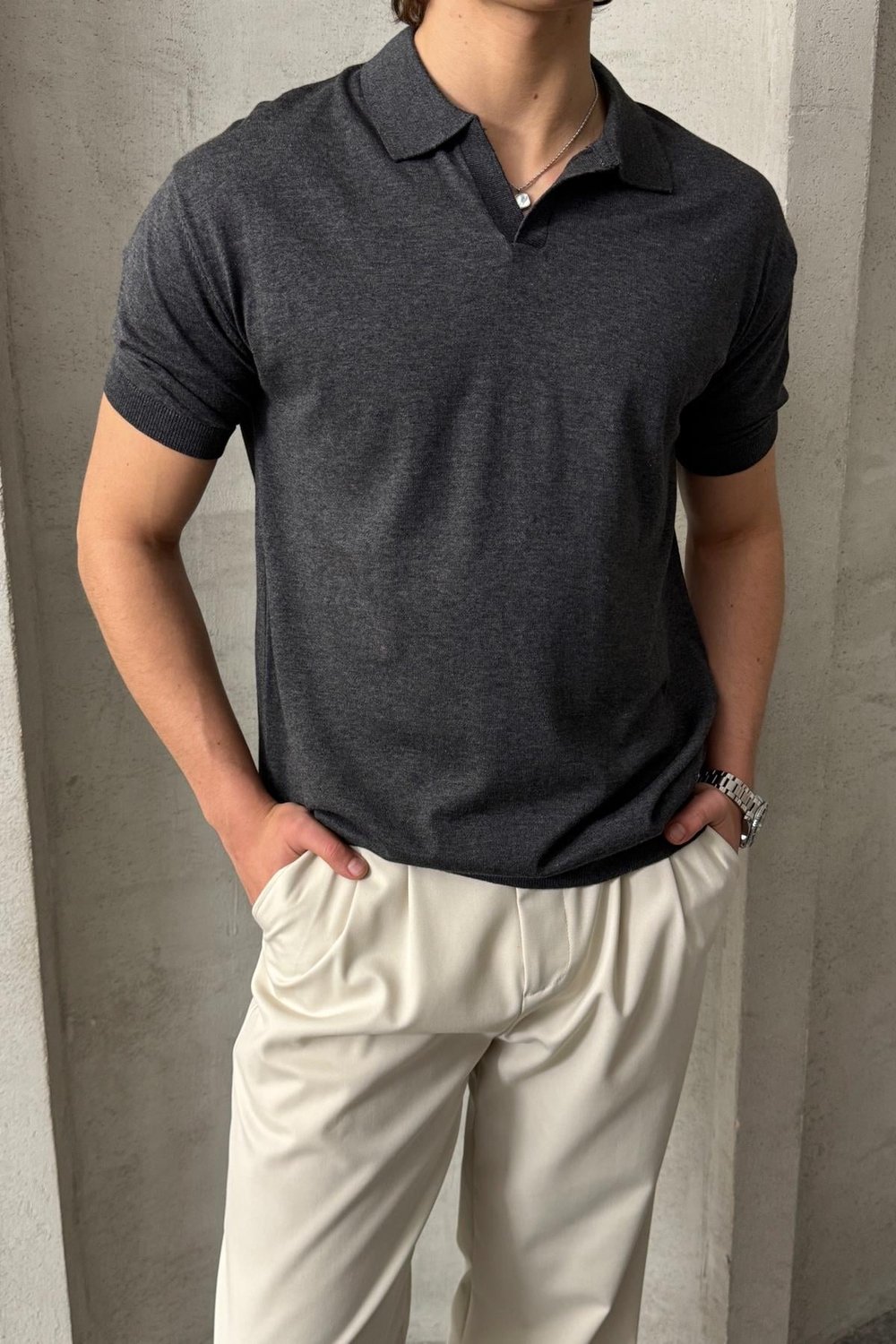 Erkek Oversize Pamuklu Polo Yaka Triko T-Shirt Antrasit