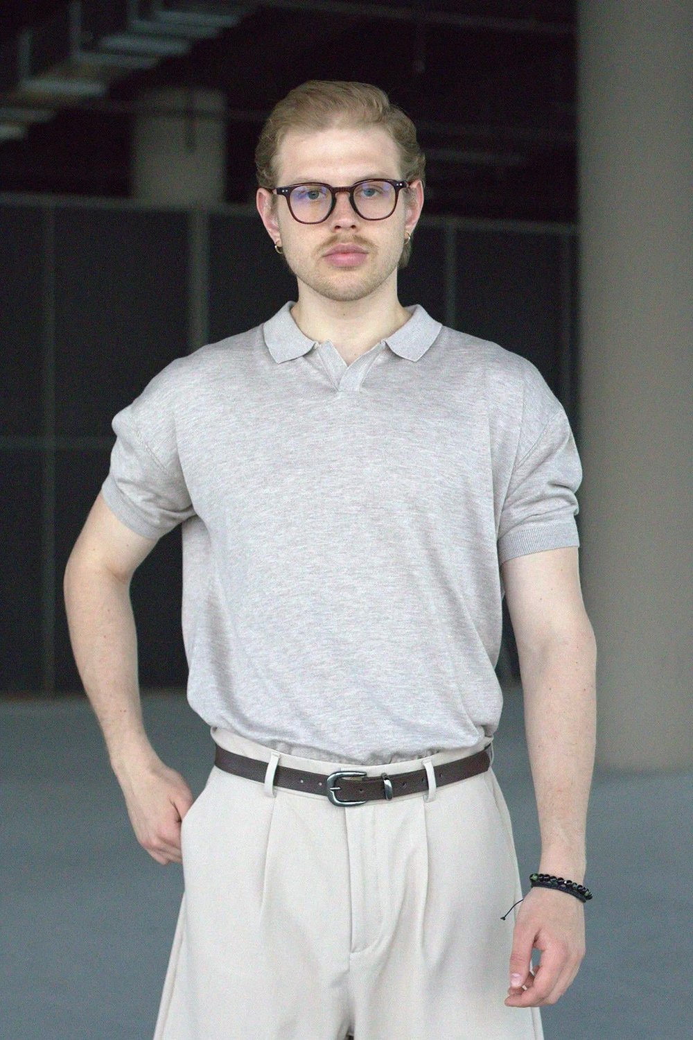 Erkek Oversize Pamuklu Polo Yaka Triko T-Shirt Bej