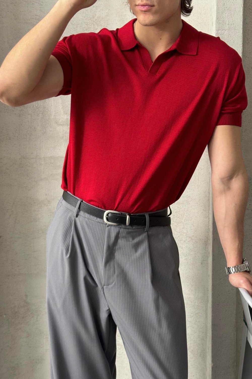 Erkek Oversize Pamuklu Polo Yaka Triko T-Shirt Kırmızı