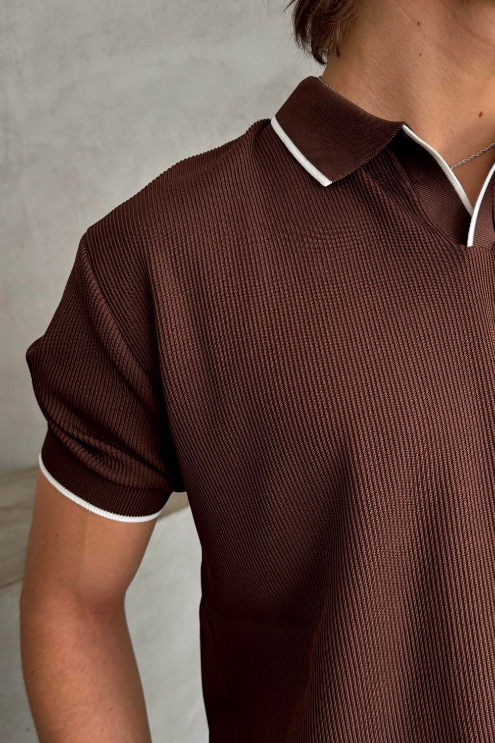 Erkek Oversize Selanik Polo Yaka Triko T-Shirt Kahverengi