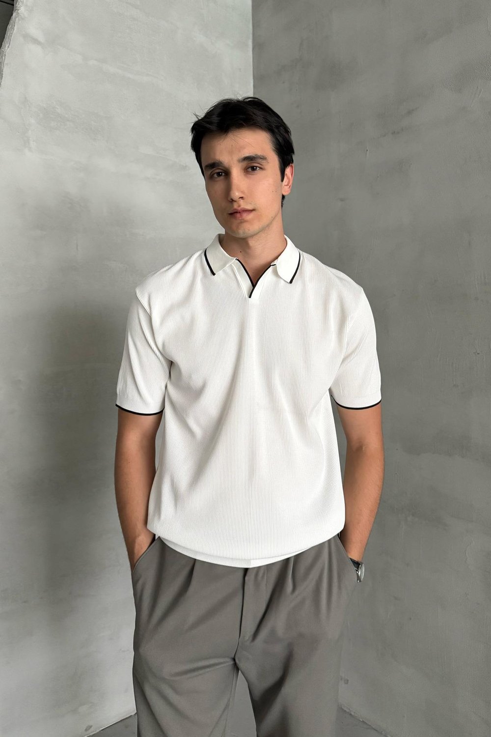 Erkek Oversize Selanik Polo Yaka Triko T-Shirt Beyaz