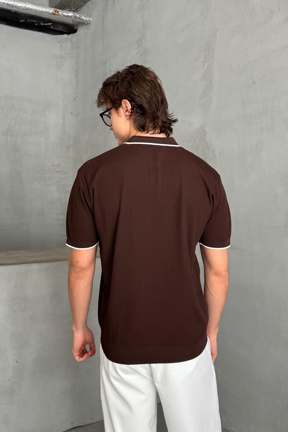 Erkek Oversize Selanik Polo Yaka Triko T-Shirt Kahverengi
