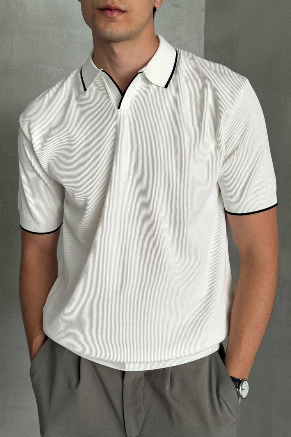 Erkek Oversize Selanik Polo Yaka Triko T-Shirt Beyaz