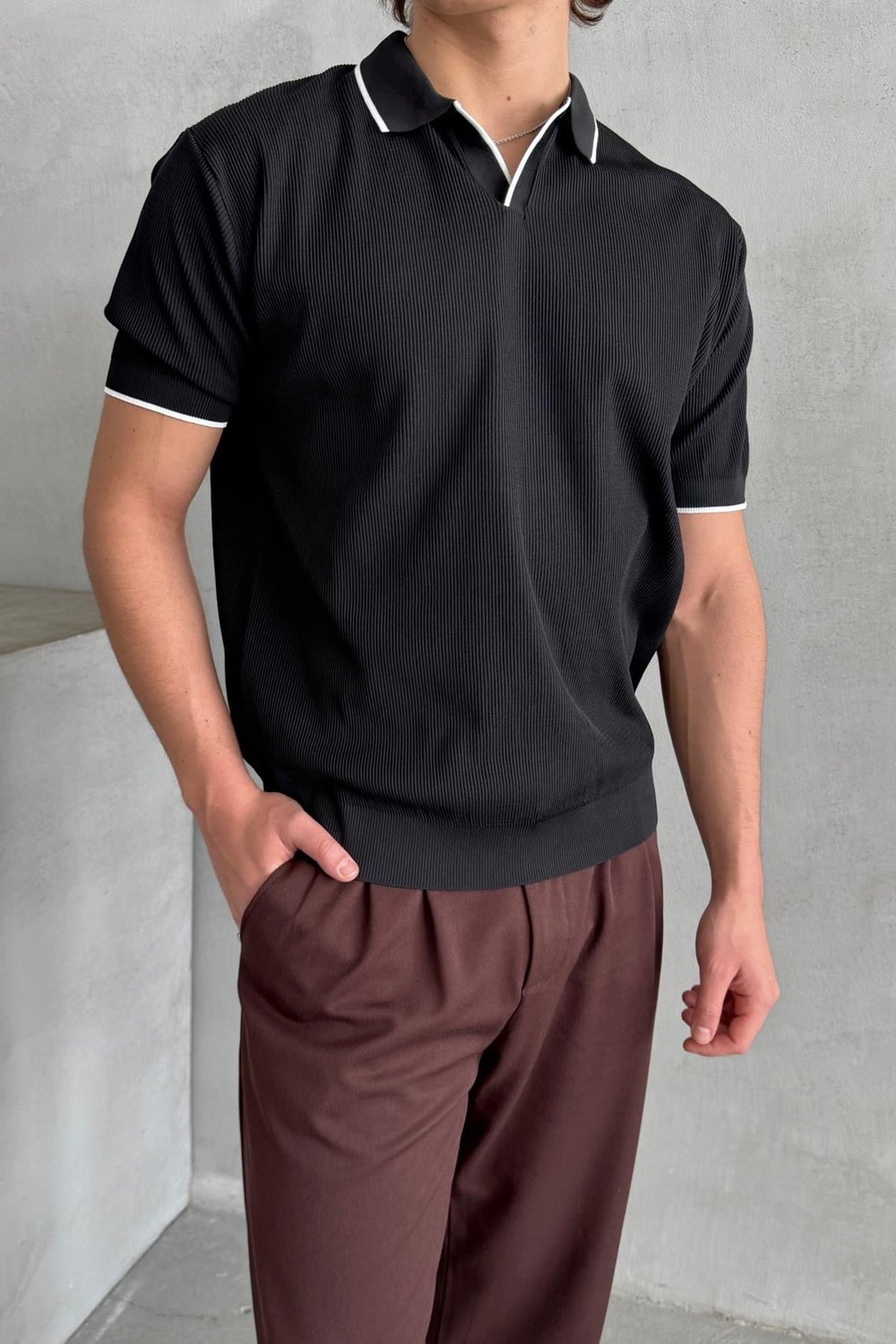 Erkek Oversize Selanik Polo Yaka Triko T-Shirt Siyah