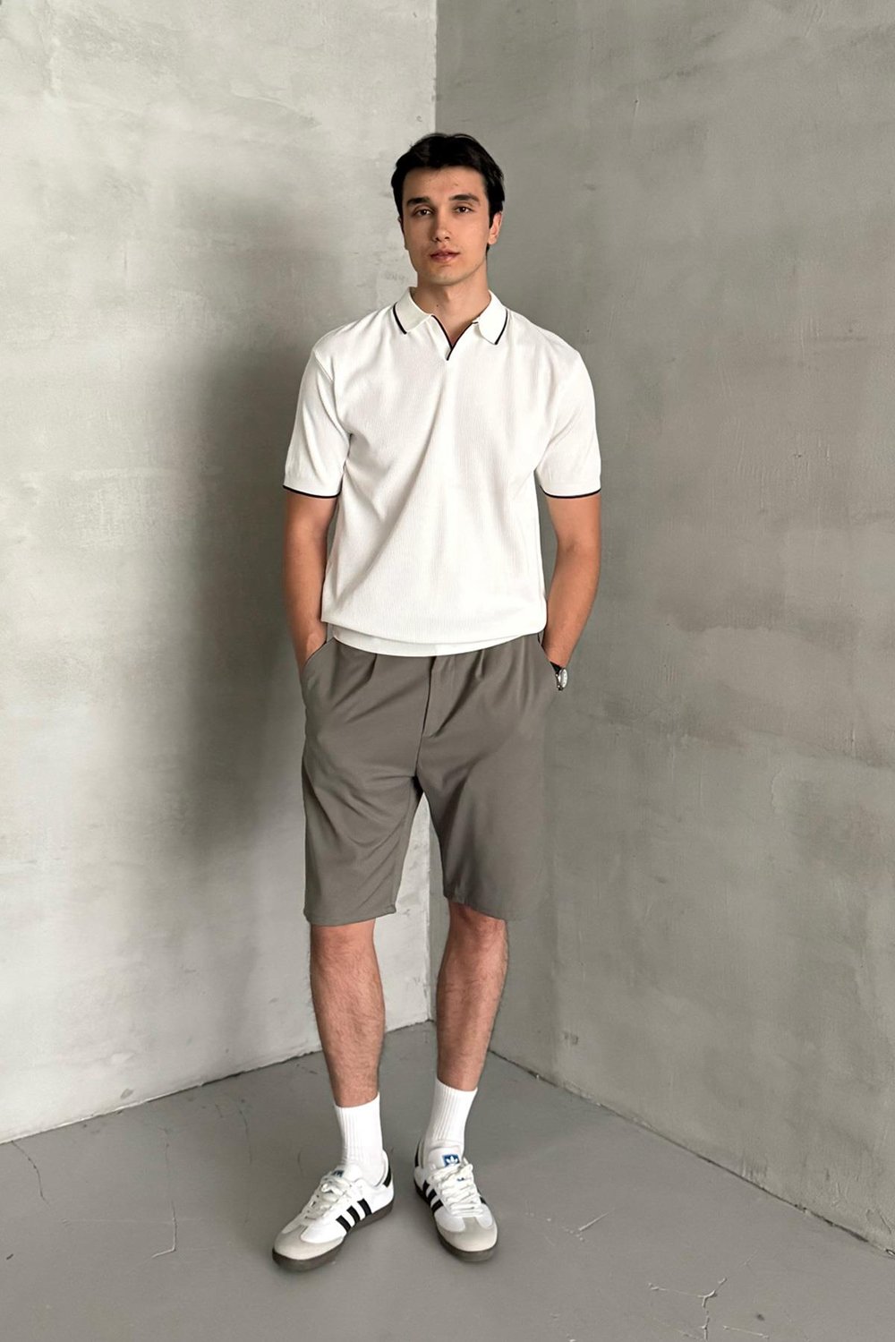 Erkek Oversize Selanik Polo Yaka Triko T-Shirt Beyaz