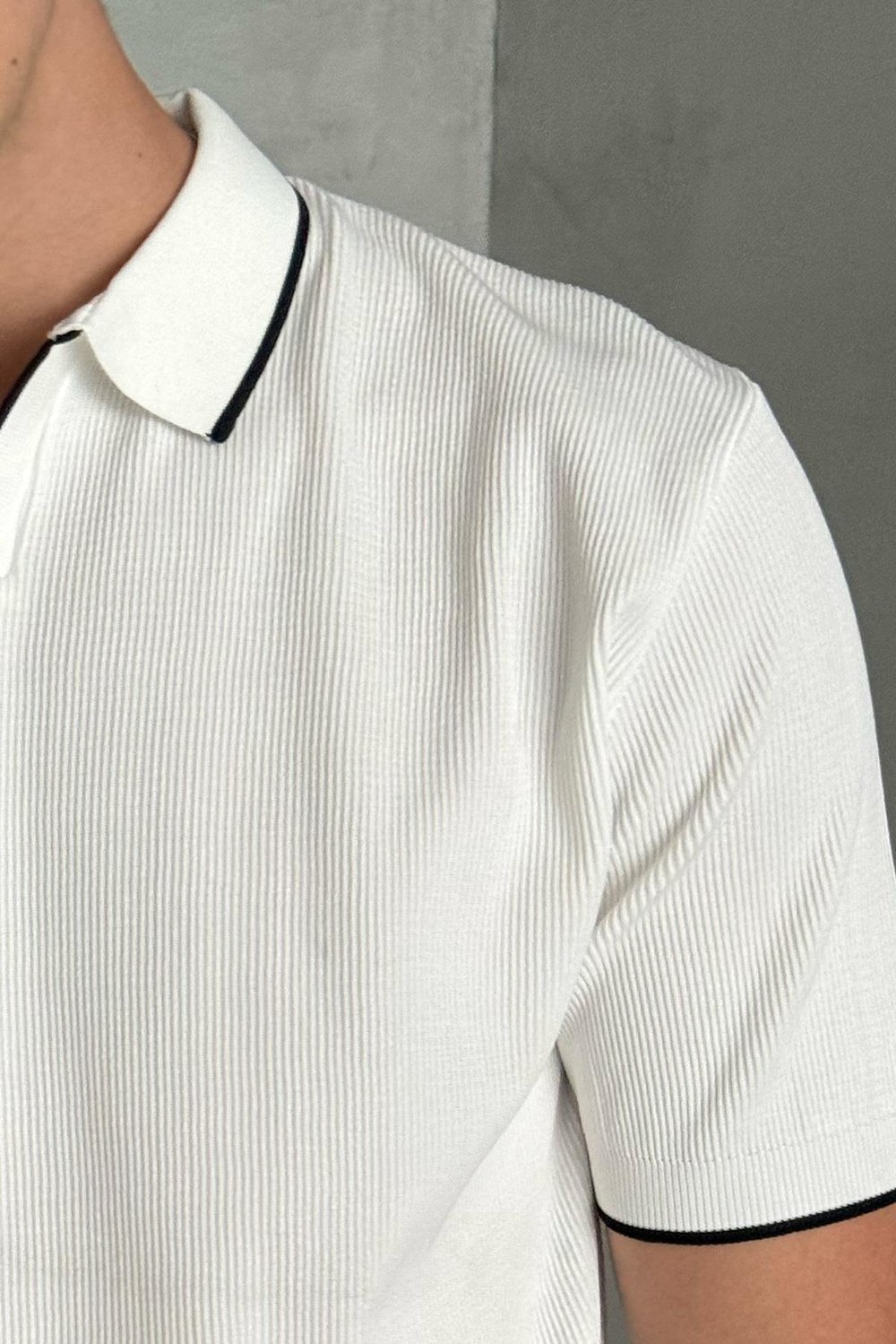 Erkek Oversize Selanik Polo Yaka Triko T-Shirt Beyaz