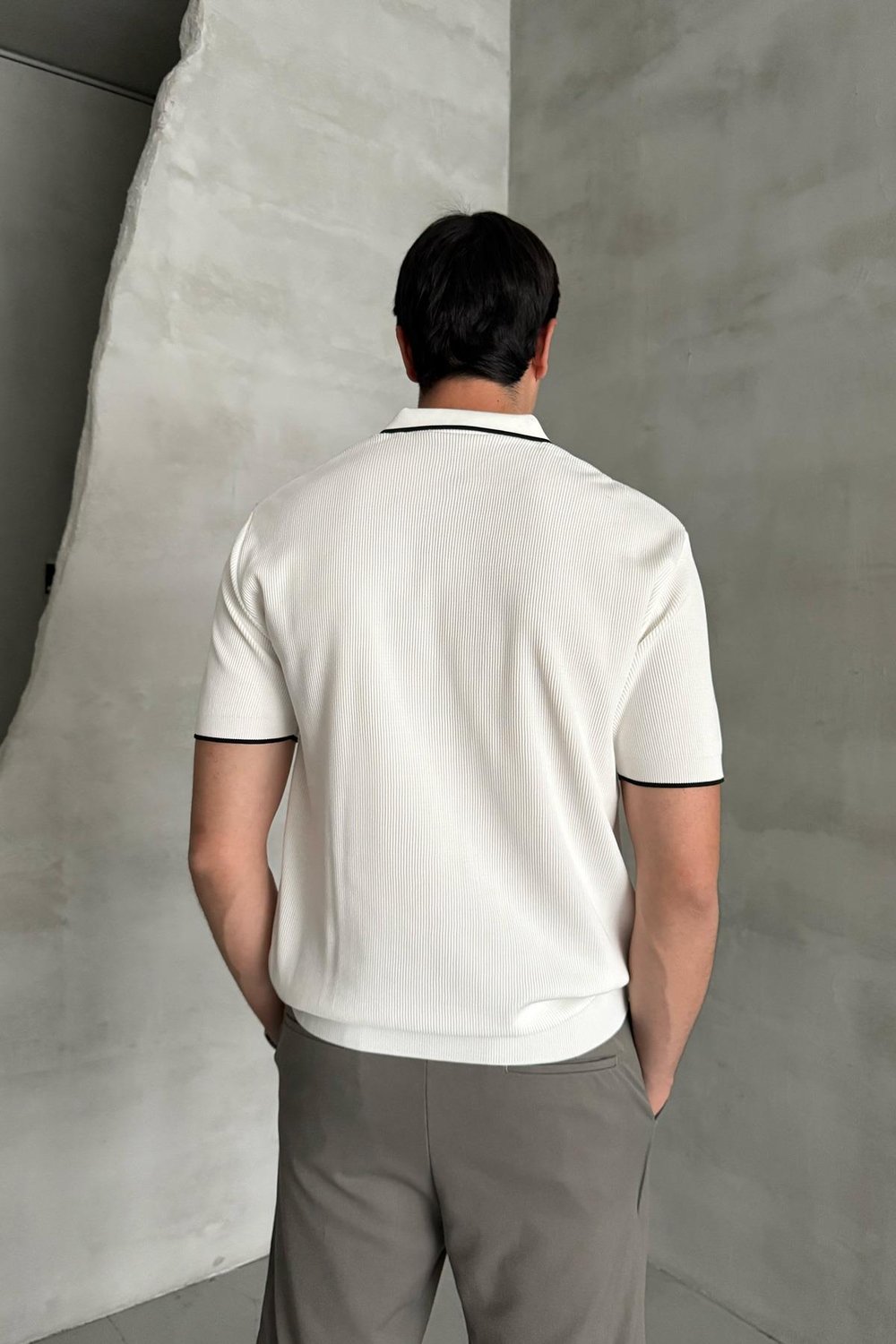 Erkek Oversize Selanik Polo Yaka Triko T-Shirt Beyaz