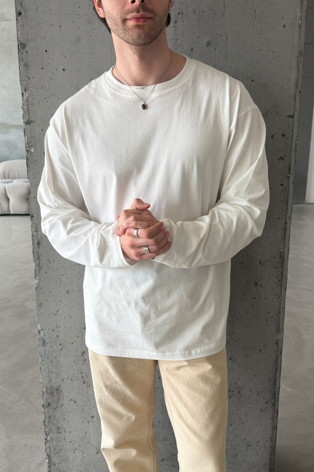 Erkek Oversize Uzun Kollu Basic Pamuklu Penye T-shirt Beyaz