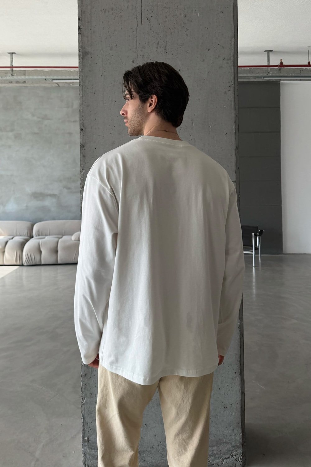 Erkek Oversize Uzun Kollu Basic Pamuklu Penye T-shirt Beyaz