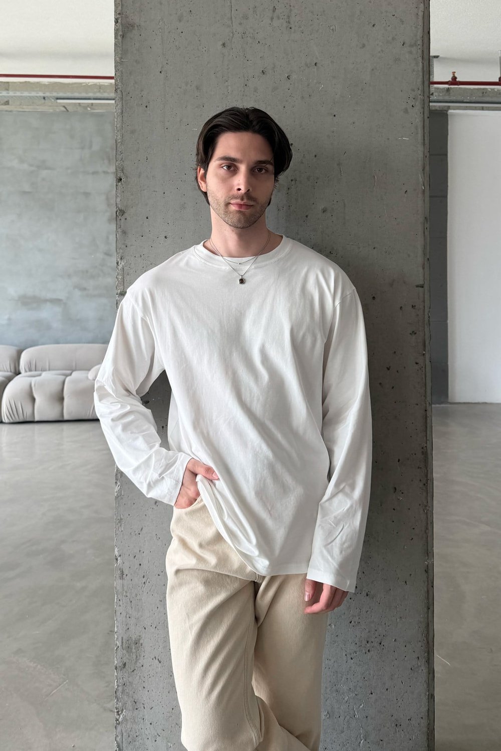 Erkek Oversize Uzun Kollu Basic Pamuklu Penye T-shirt Beyaz