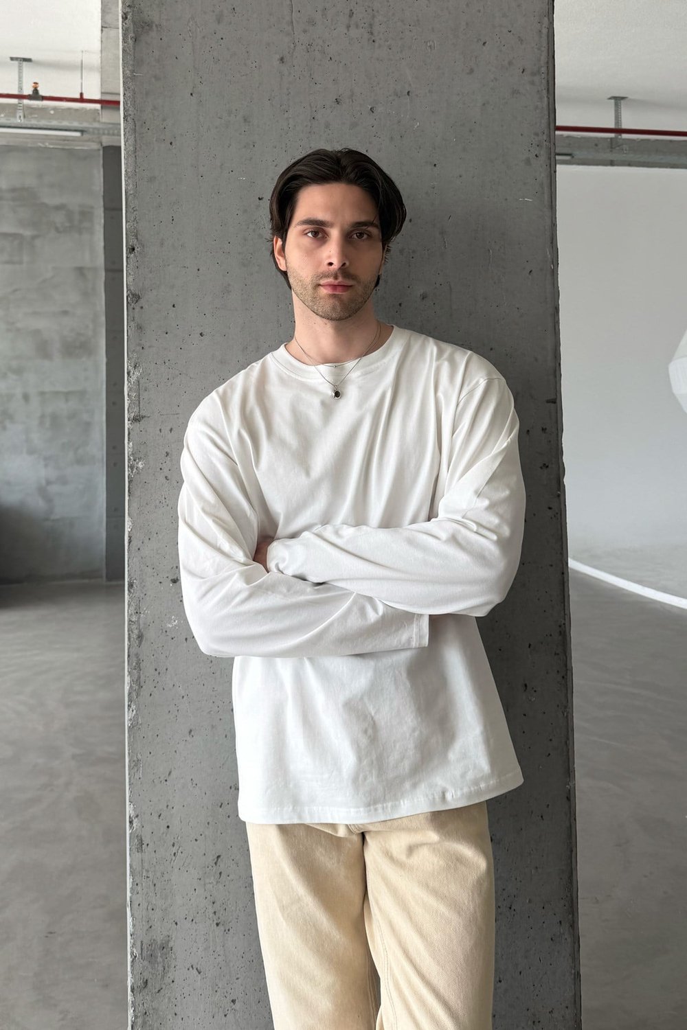 Erkek Oversize Uzun Kollu Basic Pamuklu Penye T-shirt Beyaz