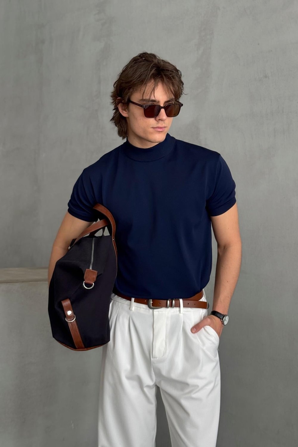 Erkek Oversize Yarım Balıkçı Triko Kısa Kol T-shirt Lacivert