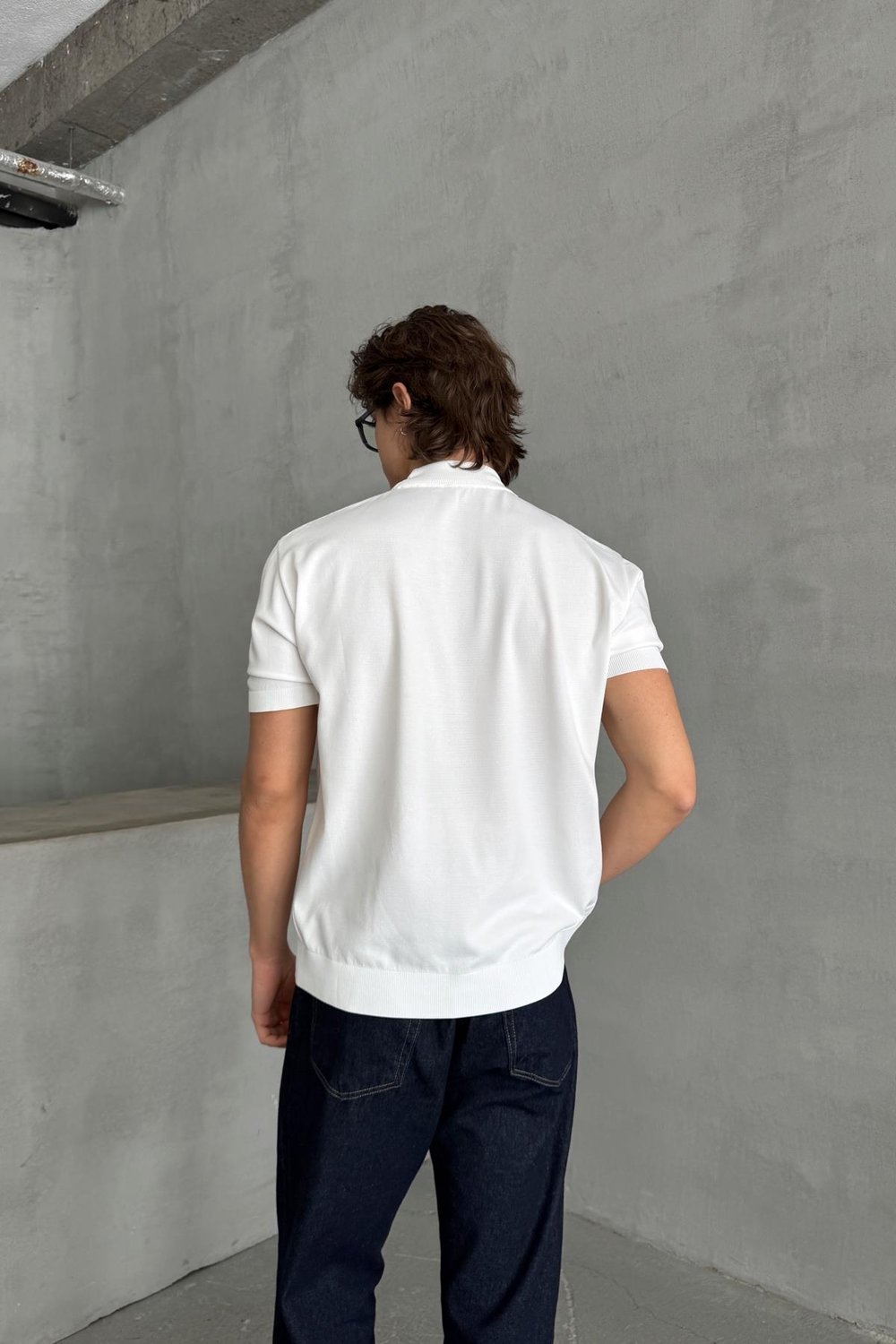 Erkek Oversize Yarım Balıkçı Triko Kısa Kol T-shirt Beyaz
