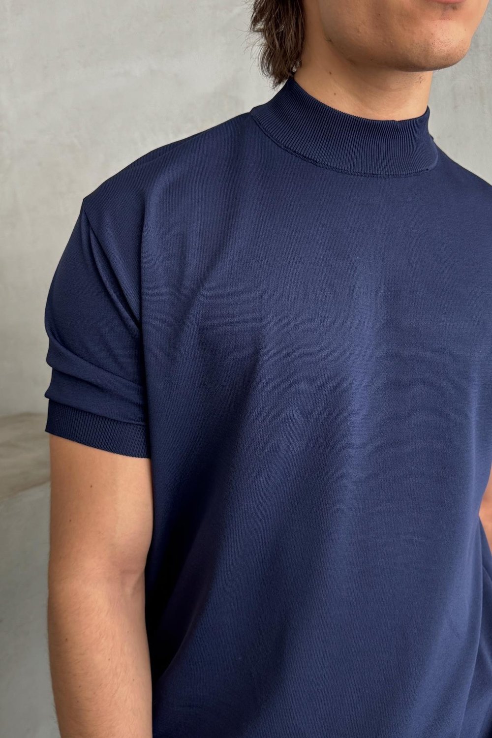 Erkek Oversize Yarım Balıkçı Triko Kısa Kol T-shirt Lacivert