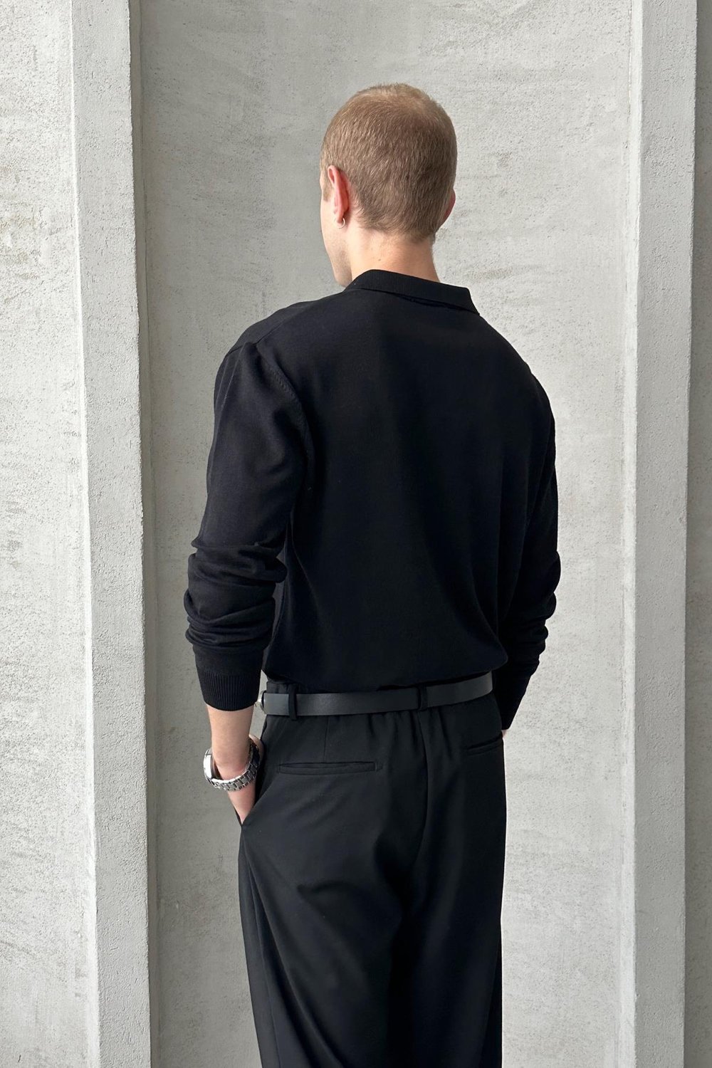 Erkek Pamuklu Polo Yaka Oversize Triko Kazak Siyah