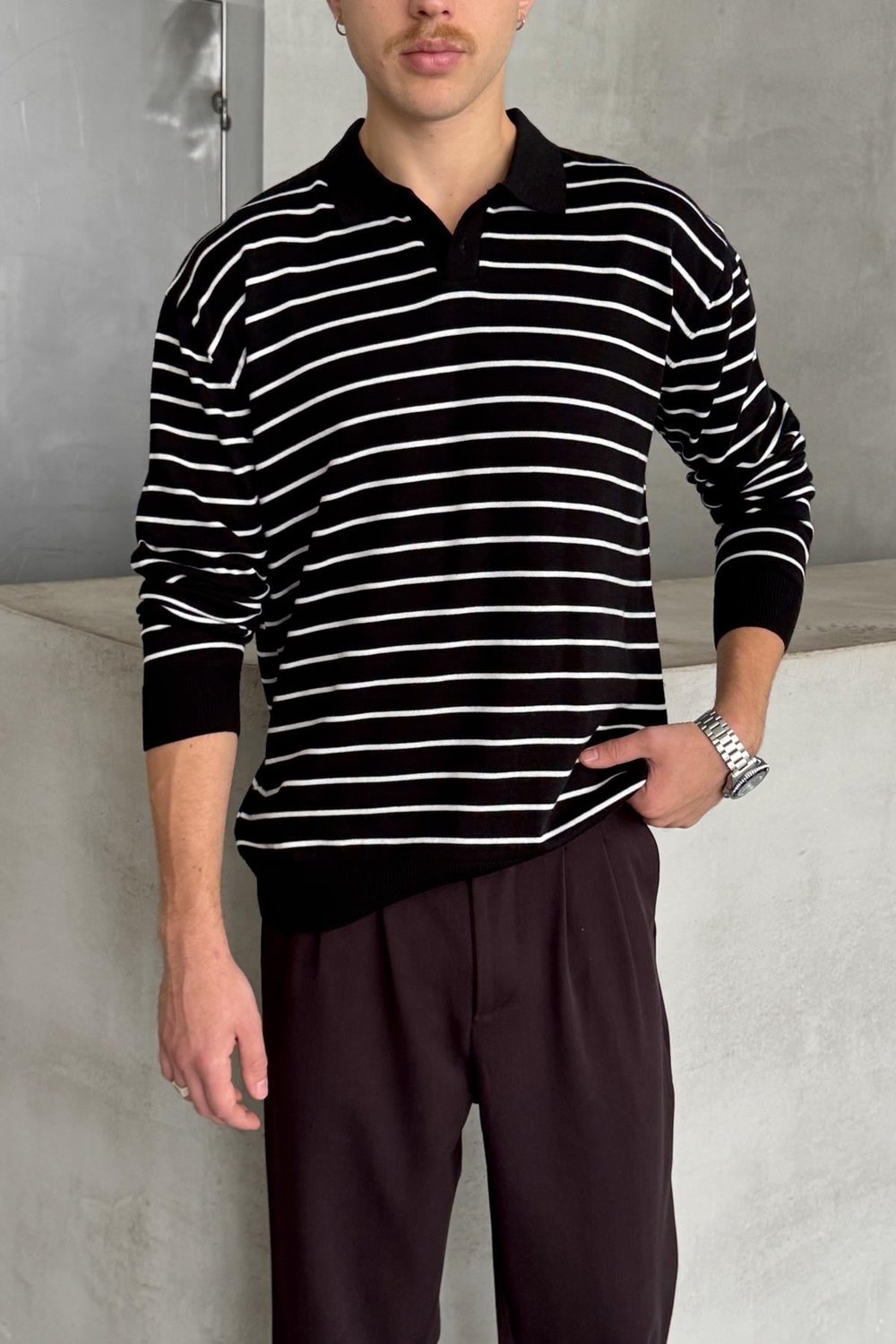Erkek Pamuklu Polo Yaka Oversize Triko Kazak Beyaz