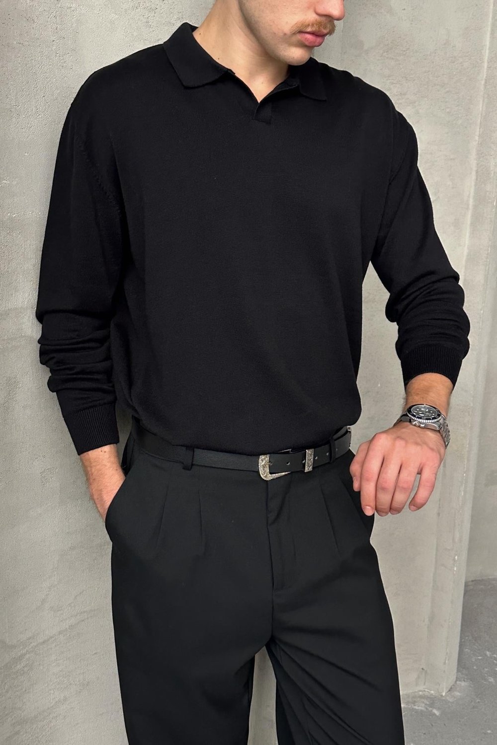 Erkek Pamuklu Polo Yaka Oversize Triko Kazak Siyah