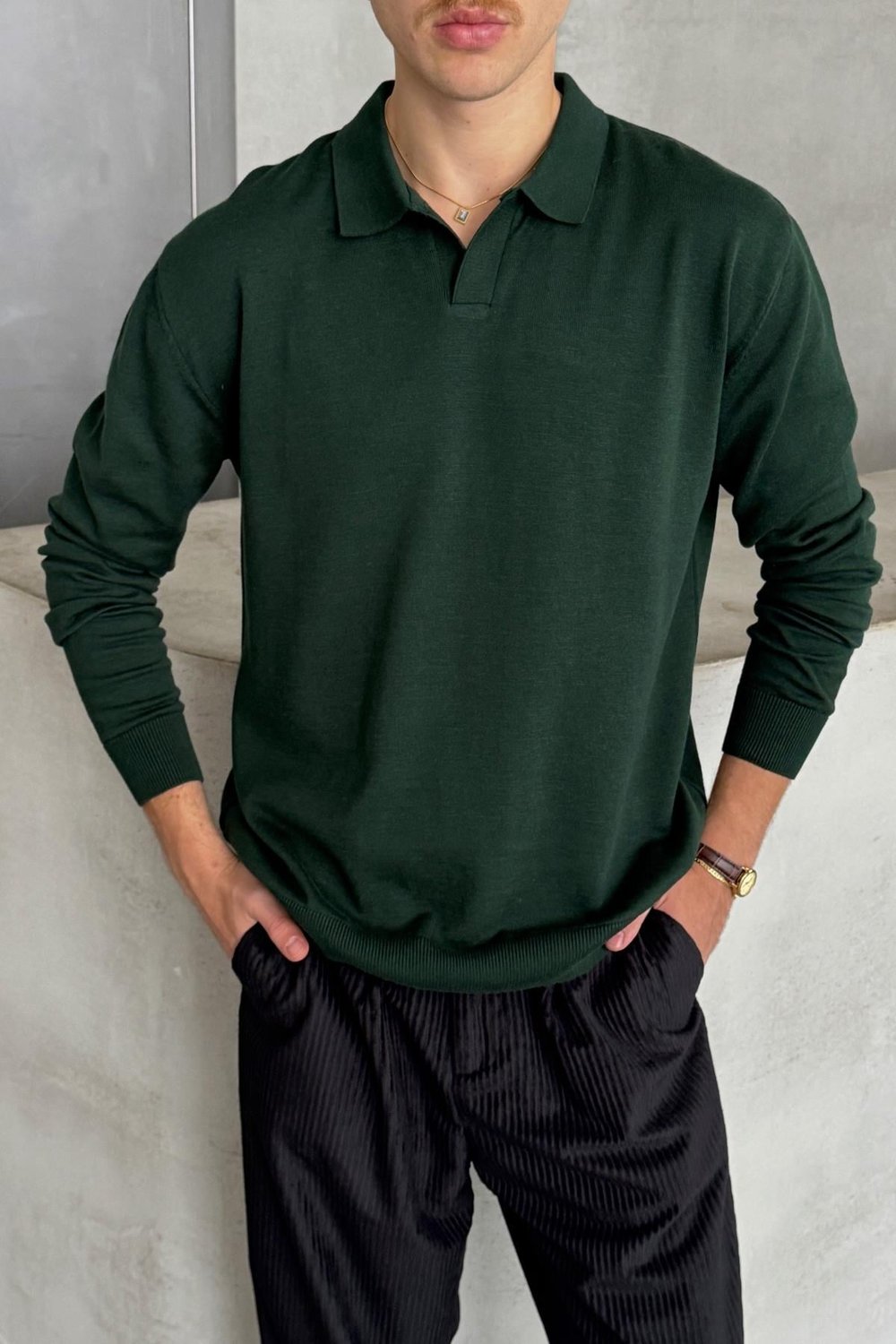 Erkek Pamuklu Polo Yaka Oversize Triko Kazak Yeşil