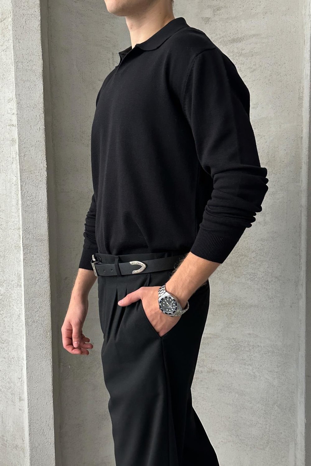 Erkek Pamuklu Polo Yaka Oversize Triko Kazak Siyah
