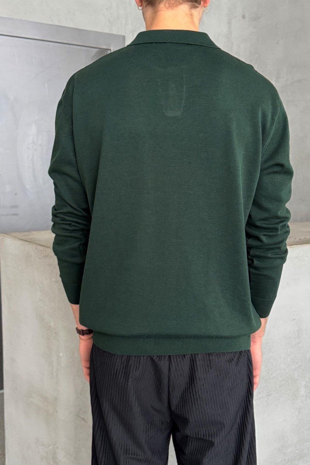 Erkek Pamuklu Polo Yaka Oversize Triko Kazak Yeşil