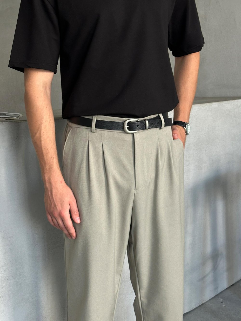 Erkek Pileli Baggy Kalıp Kumaş Pantolon Açık Haki