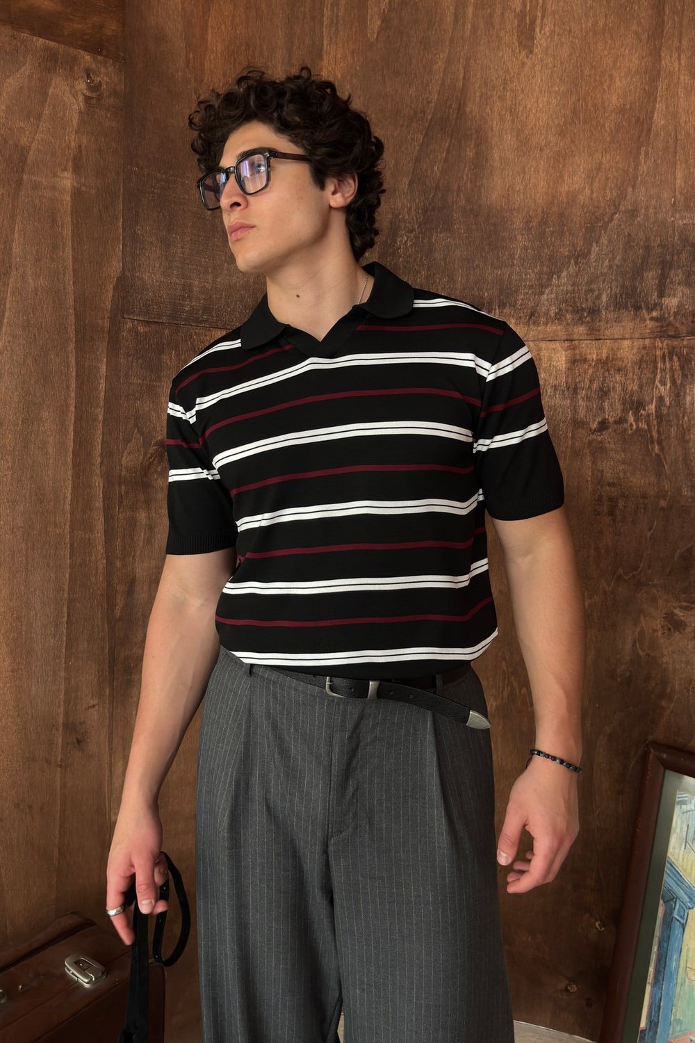 Erkek Polo Yaka Çizgili Triko T-shirt Siyah