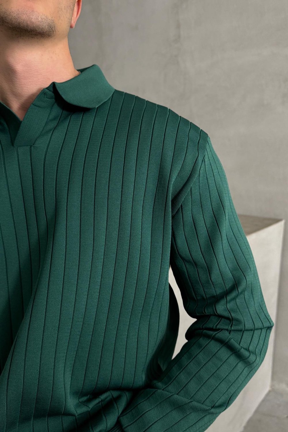 Erkek Polo Yaka Fitilli Oversize Triko Kazak Petrol Yeşil