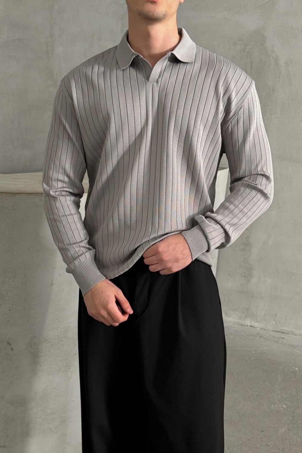 Erkek Polo Yaka Fitilli Oversize Triko Kazak Gri