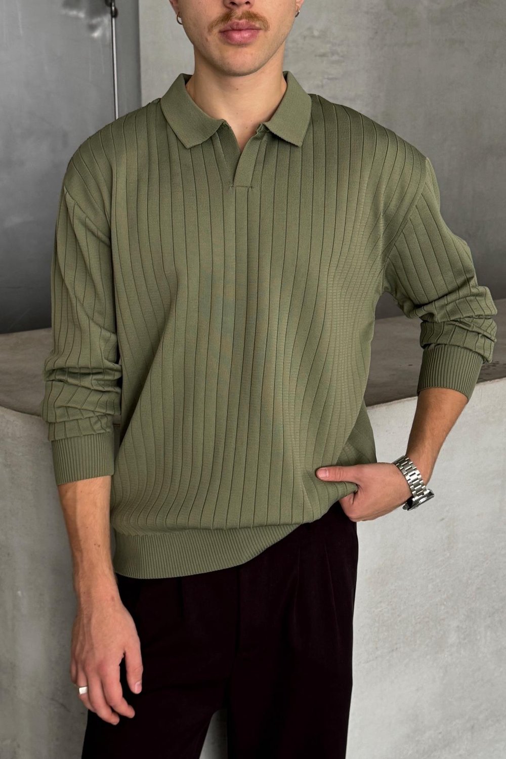 Erkek Polo Yaka Fitilli Oversize Triko Kazak Haki