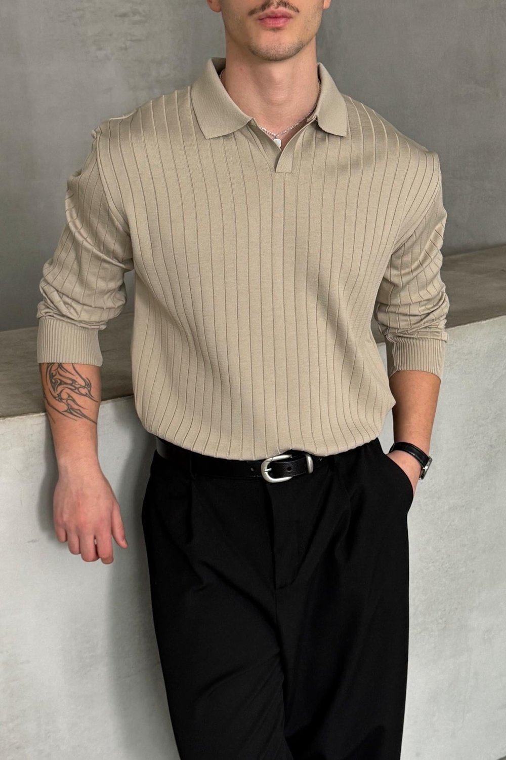 Erkek Polo Yaka Fitilli Oversize Triko Kazak Bej