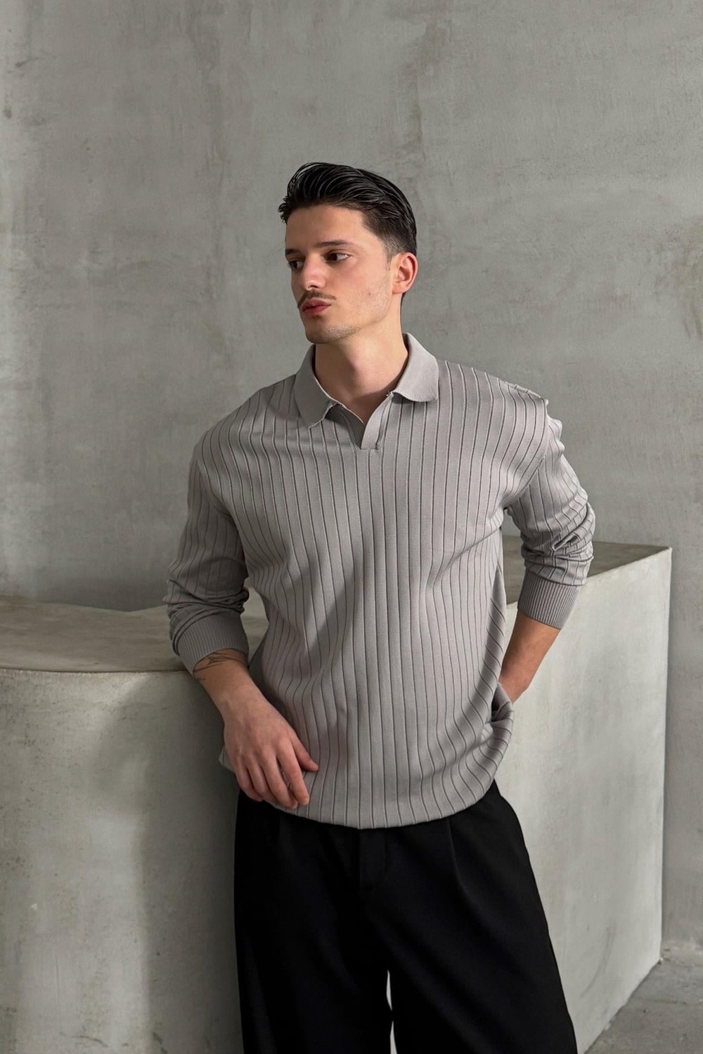 Erkek Polo Yaka Fitilli Oversize Triko Kazak Gri