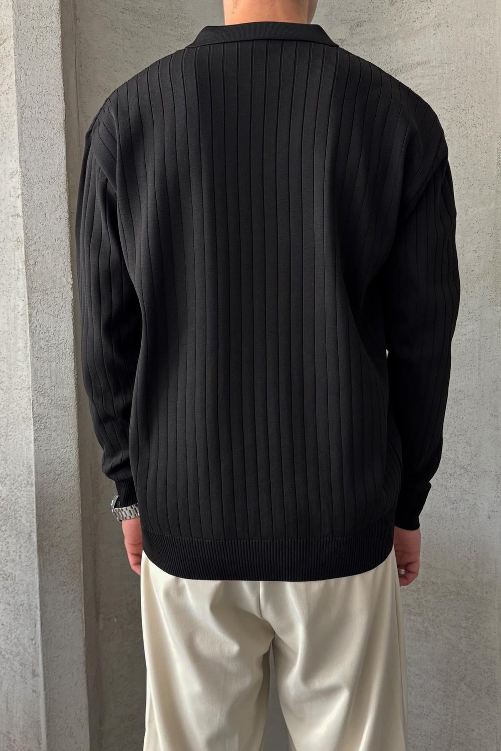 Erkek Polo Yaka Fitilli Oversize Triko Kazak Siyah
