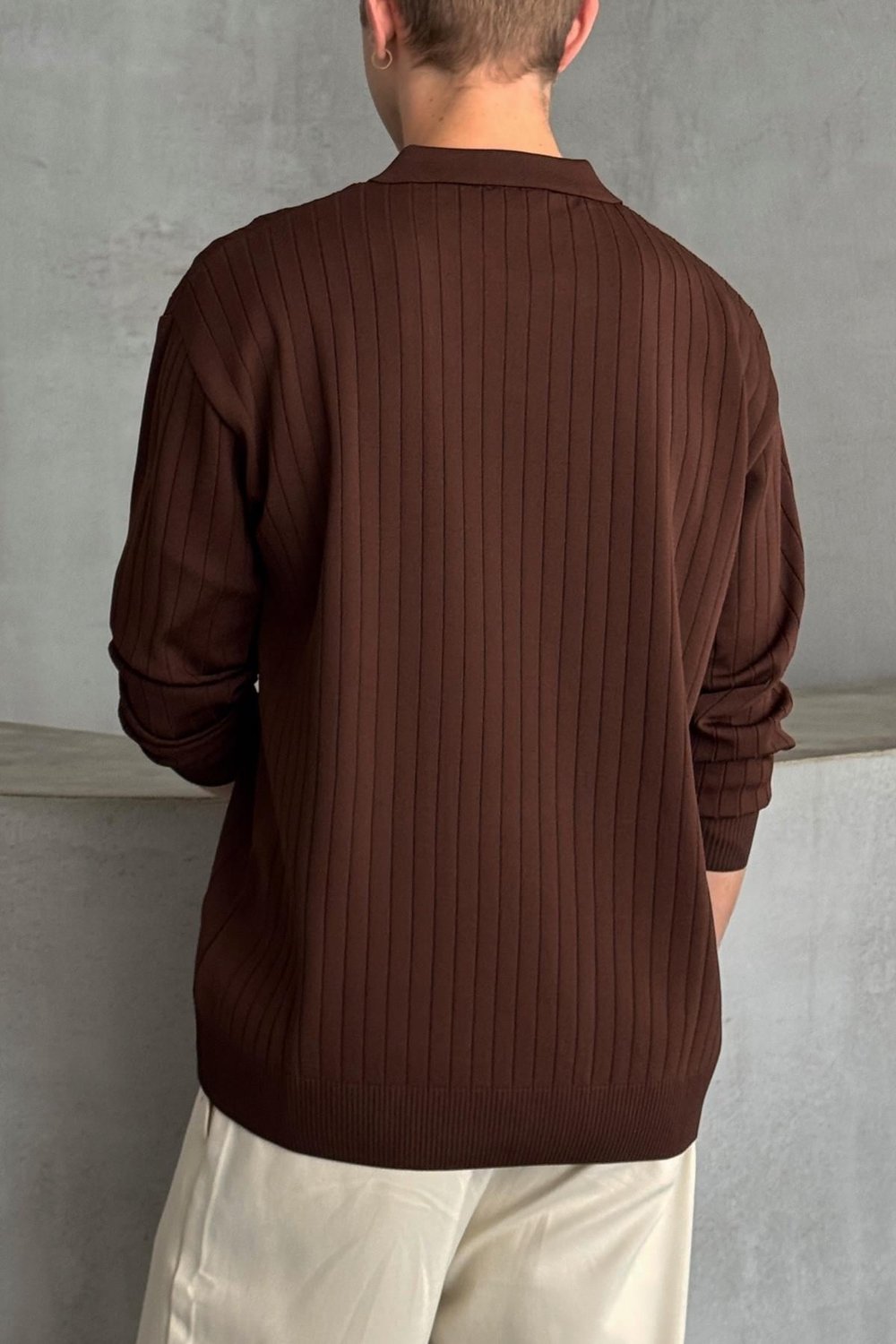 Erkek Polo Yaka Fitilli Oversize Triko Kazak Kahverengi