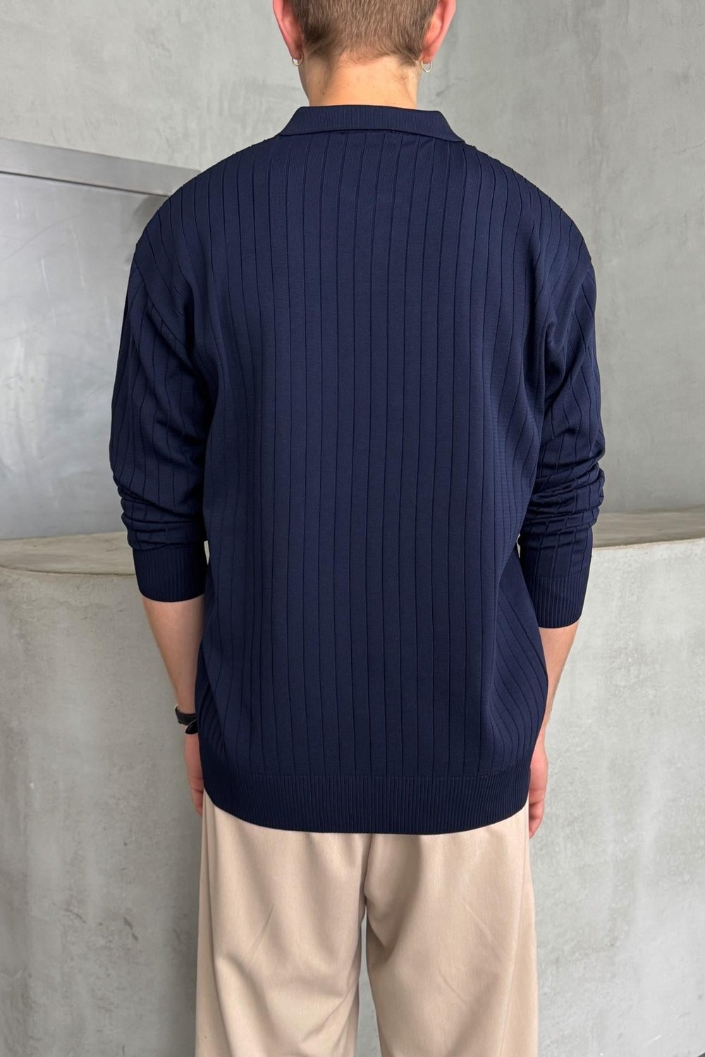 Erkek Polo Yaka Fitilli Oversize Triko Kazak Lacivert