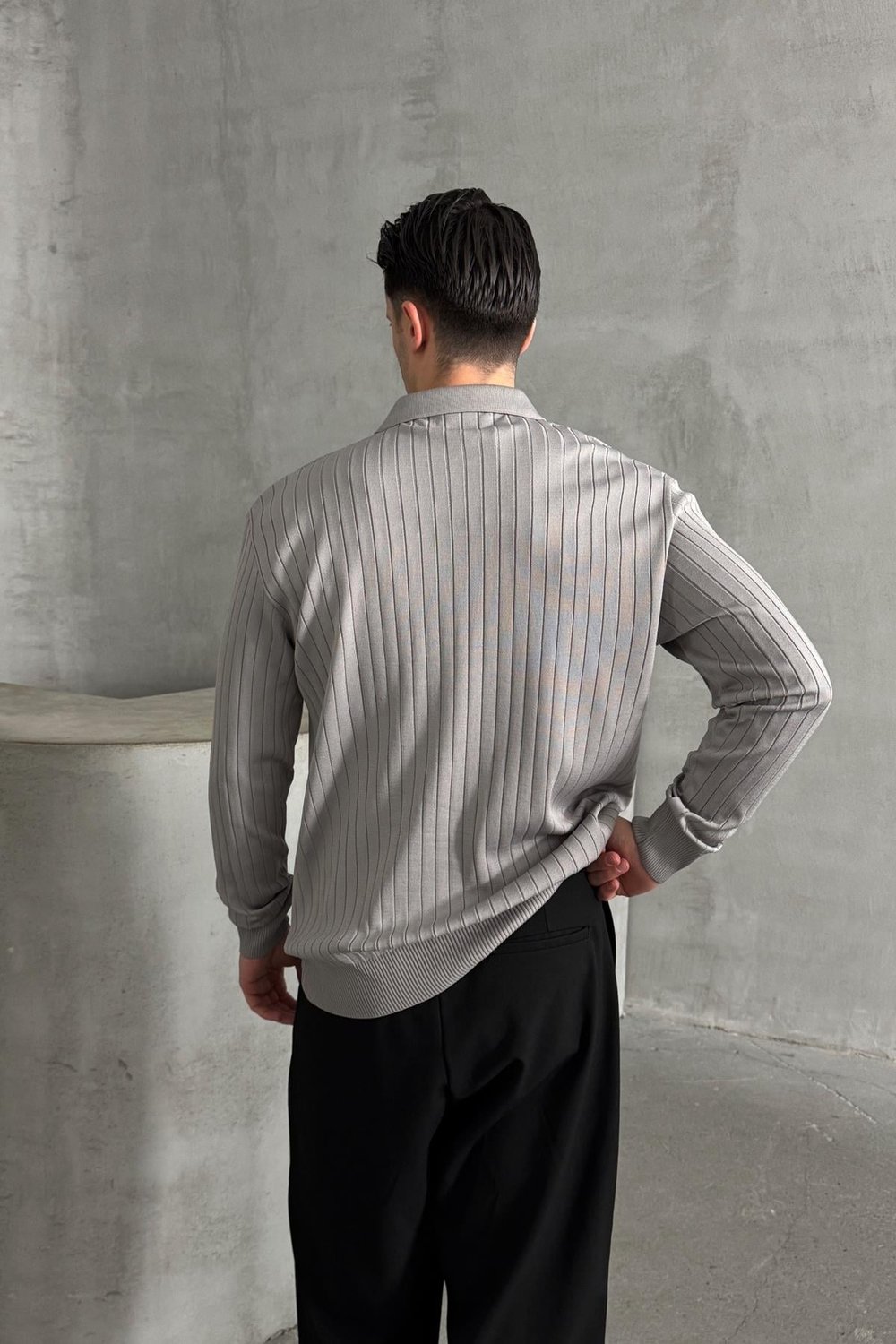 Erkek Polo Yaka Fitilli Oversize Triko Kazak Gri
