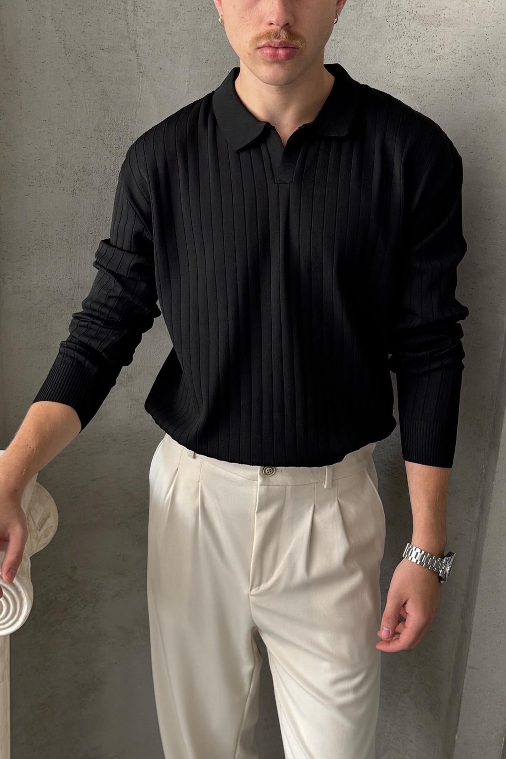 Erkek Polo Yaka Fitilli Oversize Triko Kazak Siyah