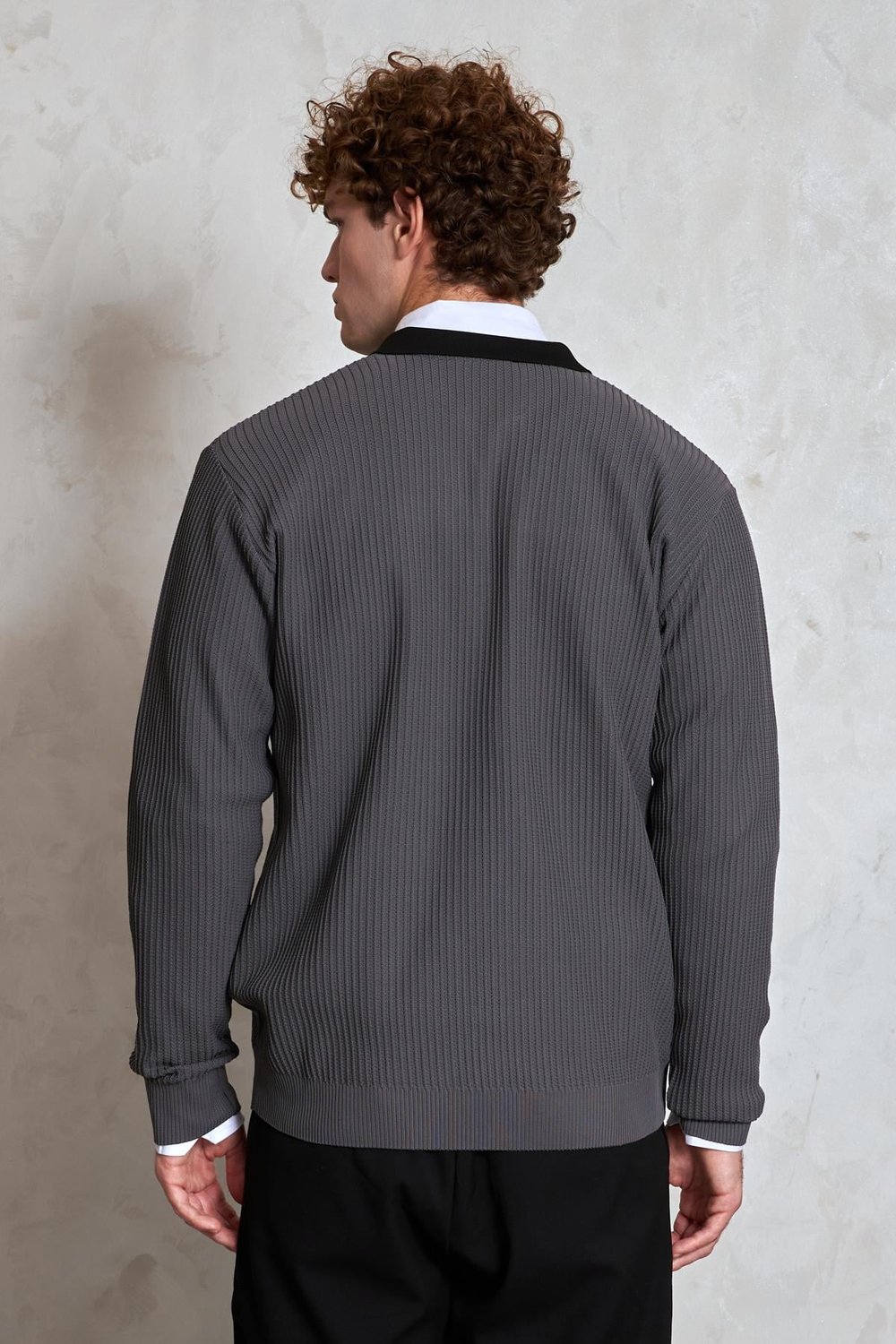 Erkek Polo Yaka Nopeli Oversize Triko Kazak Koyu Füme