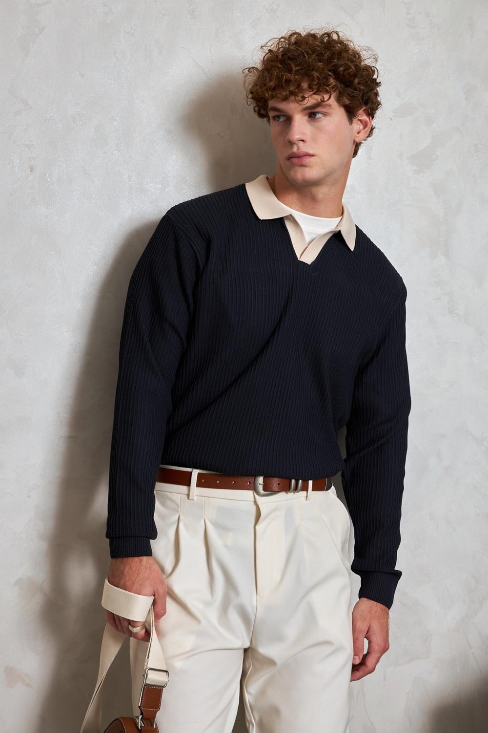 Erkek Polo Yaka Nopeli Oversize Triko Kazak Lacivert